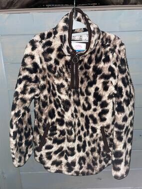 Cozy Sherpa Leopard Print Quarter Zip Pullover Teddy Fleece Jacket Women’s Mediu